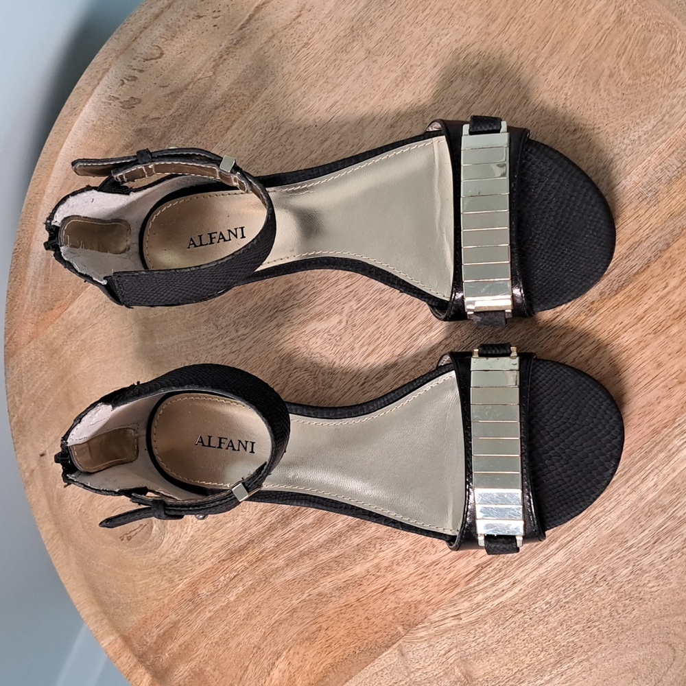 Alfani Ankle Strap Black Gold Sandals with Gold Metal Accents Size 6